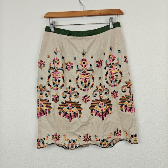 Anthropologie COREY LYNN CALTER Sz 6 Embroidered Medallion Pencil Skirt Linen - Picture 1 of 13